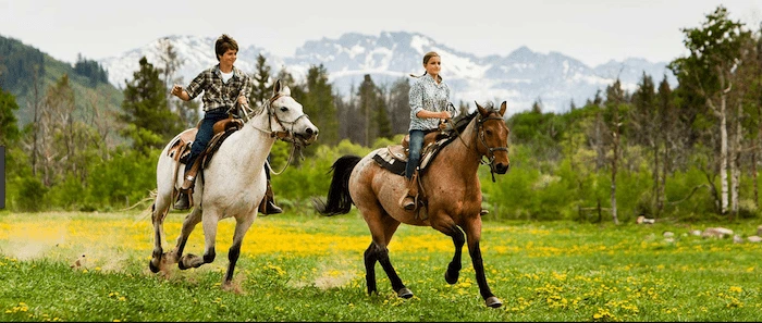 Confident plus-size woman riding Shepperton Green a horse through a field with a smile on her face.